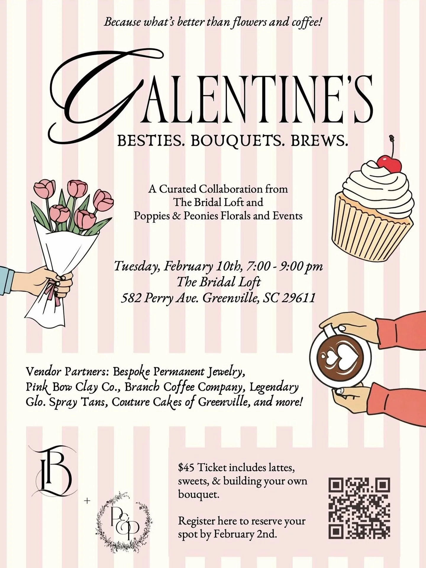 Besties 🫶🏼 Brews ☕️ Bouquets 💐 and Sweets 🧁

Join us at @thebridalloftgvl for an fun filled Galentines event! 💗

Tuesday Feb. 11th 7-9pm!