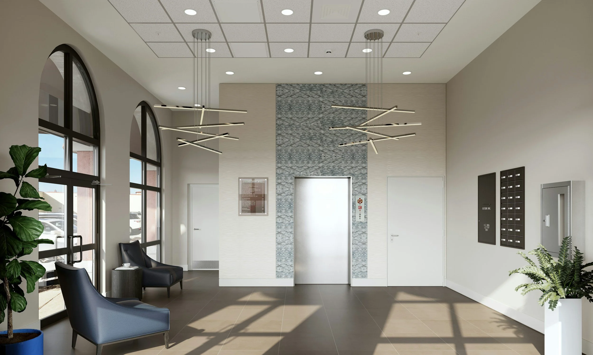 Modern office lobby with elevator, two blue chairs, potted plants, and decorative lighting.