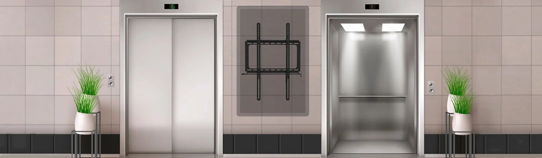 Elevator lobby with two elevators and potted plants