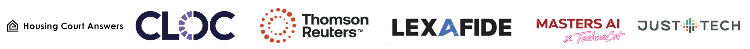 Collage of various logos, including Housing Court Answers, CLDC, LEXAFIDE, MASTERS AI, JUSTICE TECH, and others, with colorful and stylized text.