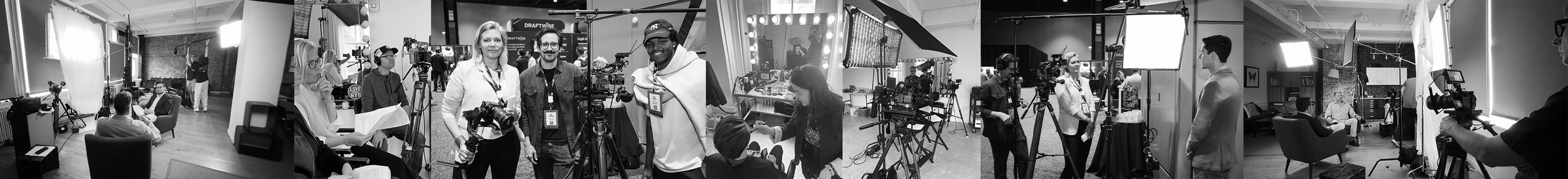 Collage of black and white images depicting a TV or film production set with camera crews, interview setups, and people working with professional filming equipment.