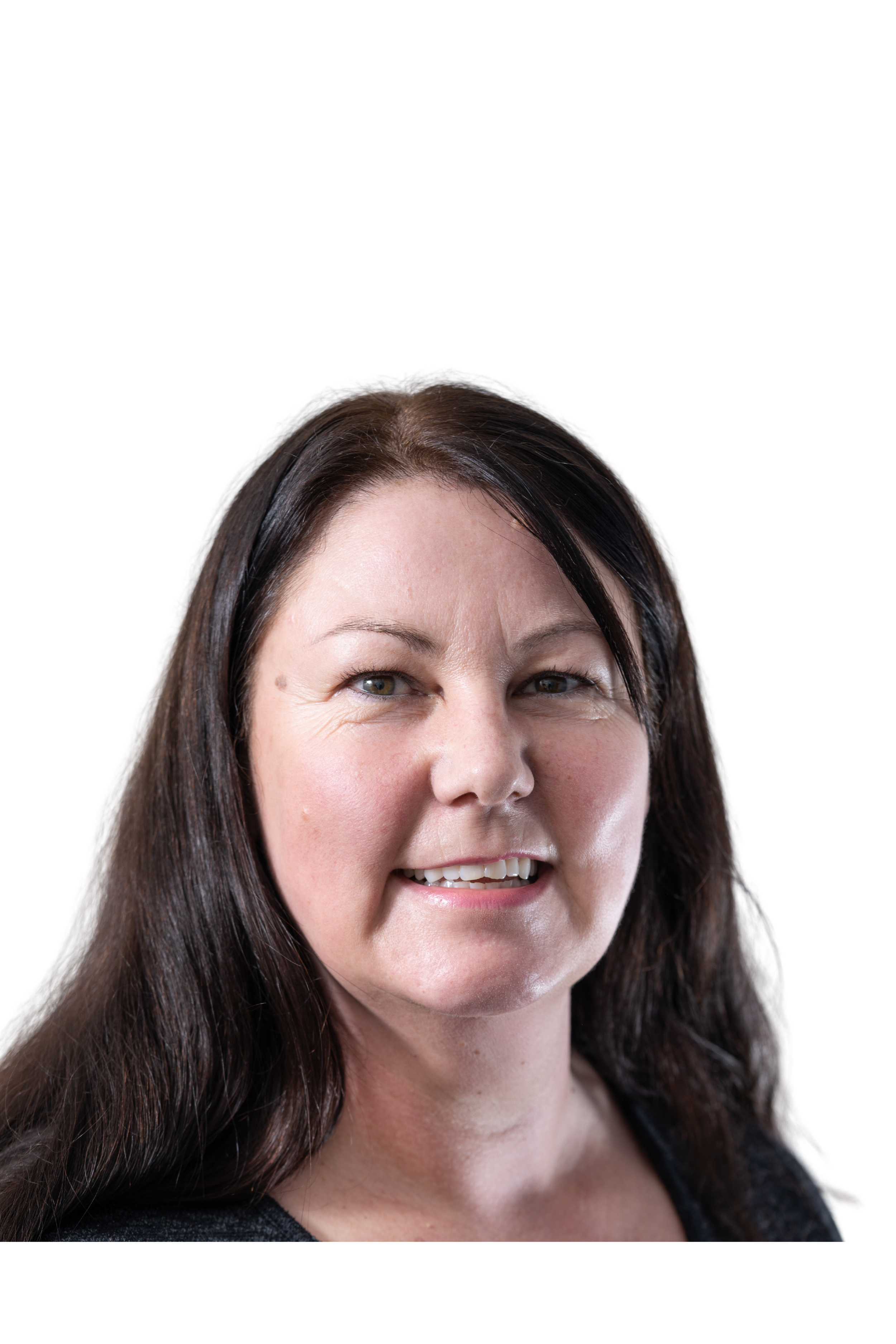 Portrait of a woman with long brown hair wearing a dark top, smiling at the camera against a neutral background.