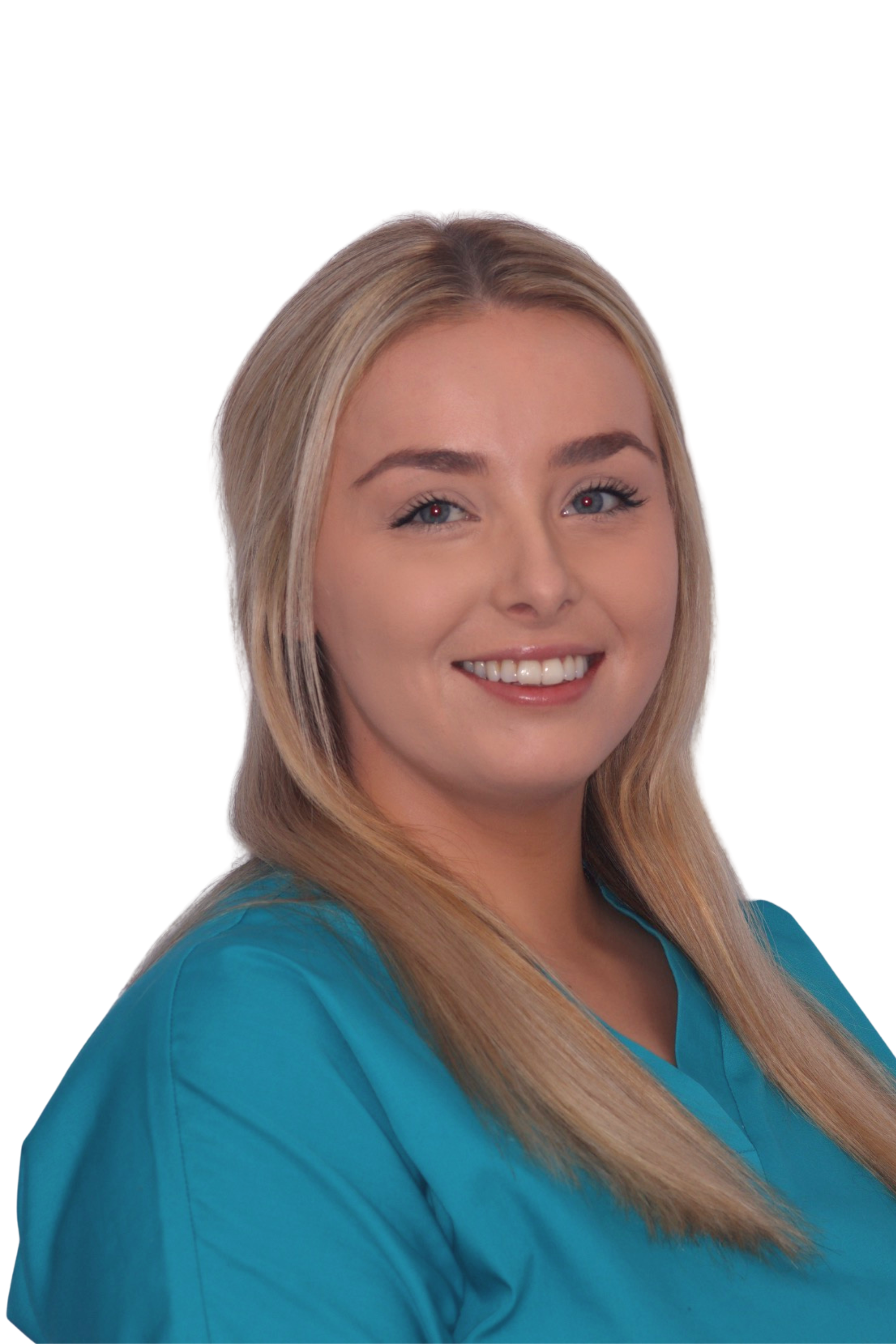 Woman wearing teal medical scrubs smiling at the camera.