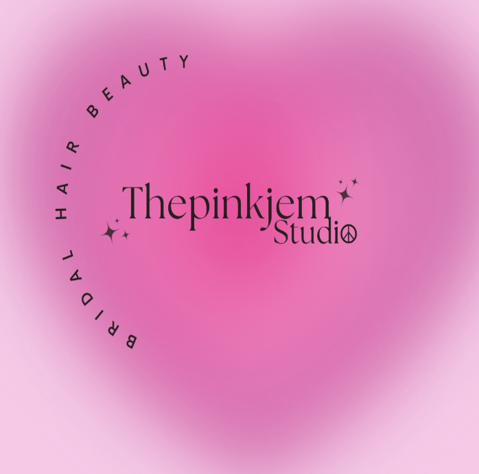 Pink gradient background with the text 'Thepinkjem Studio' in black and small stars around it, and the words 'BRIDAL HAIR BEAUTY' arranged in a circular pattern around the center.