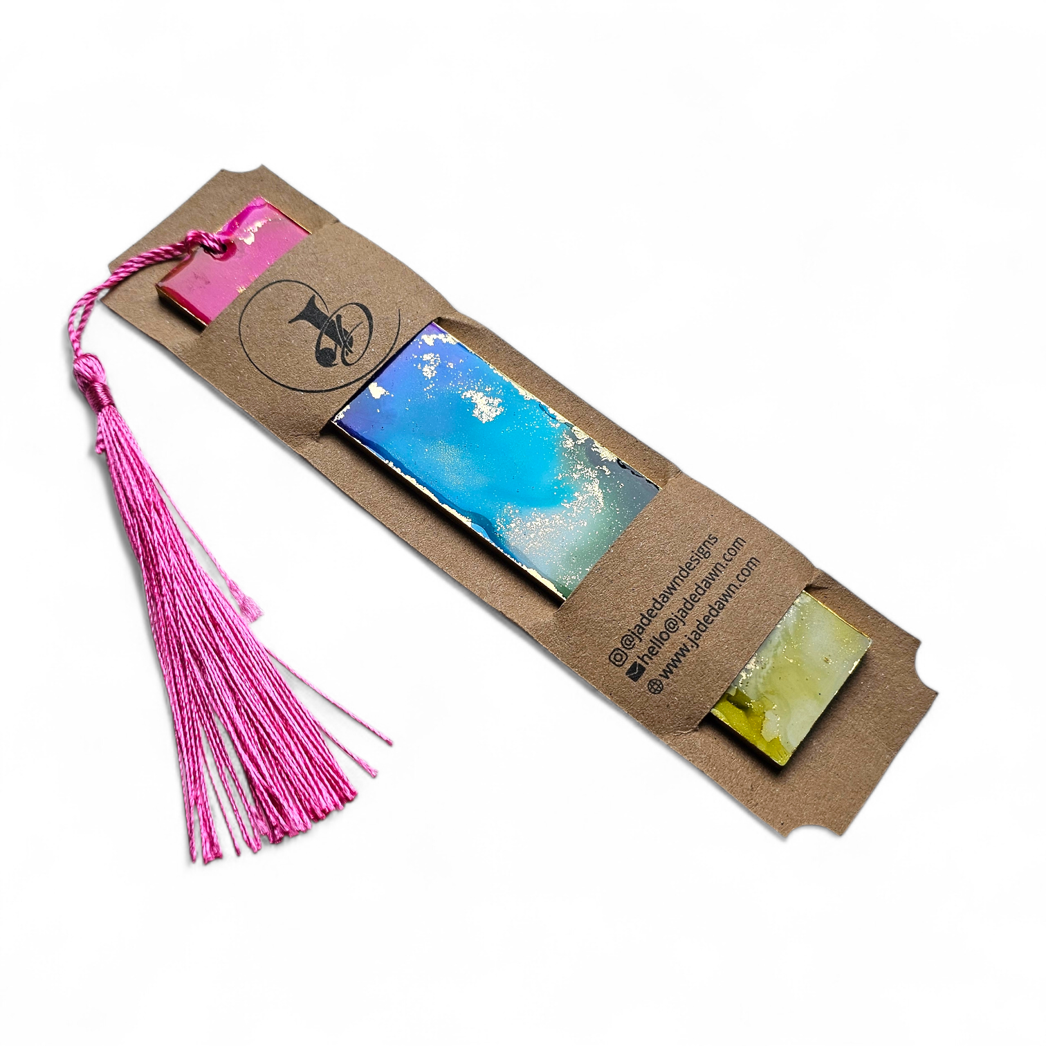 Colourful alcohol ink and resin bookmark in sleeve.webp