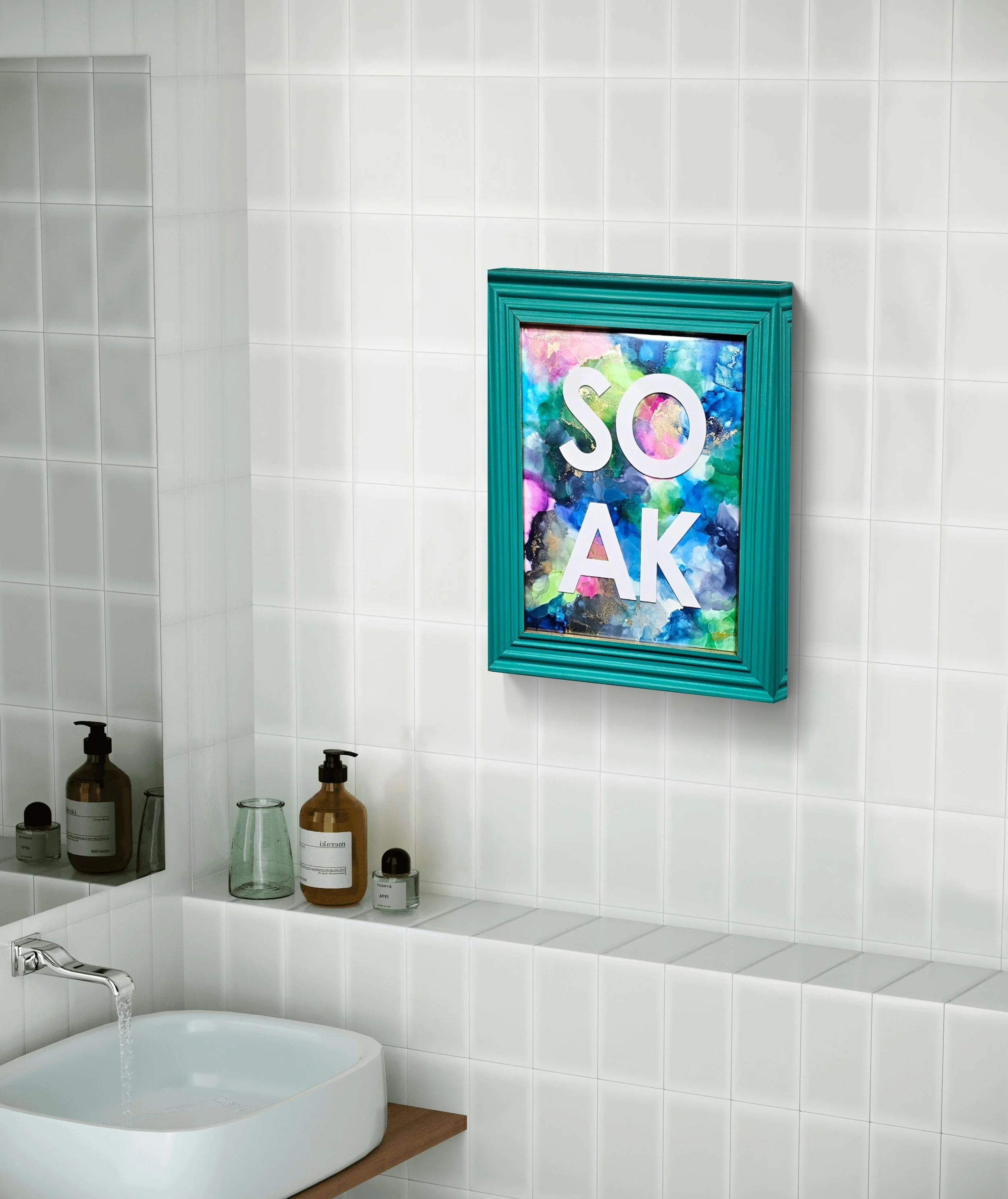 Original alcohol ink bathroom art with blue and pink colors, upcycled mermaid green frame with the word "SOAK".