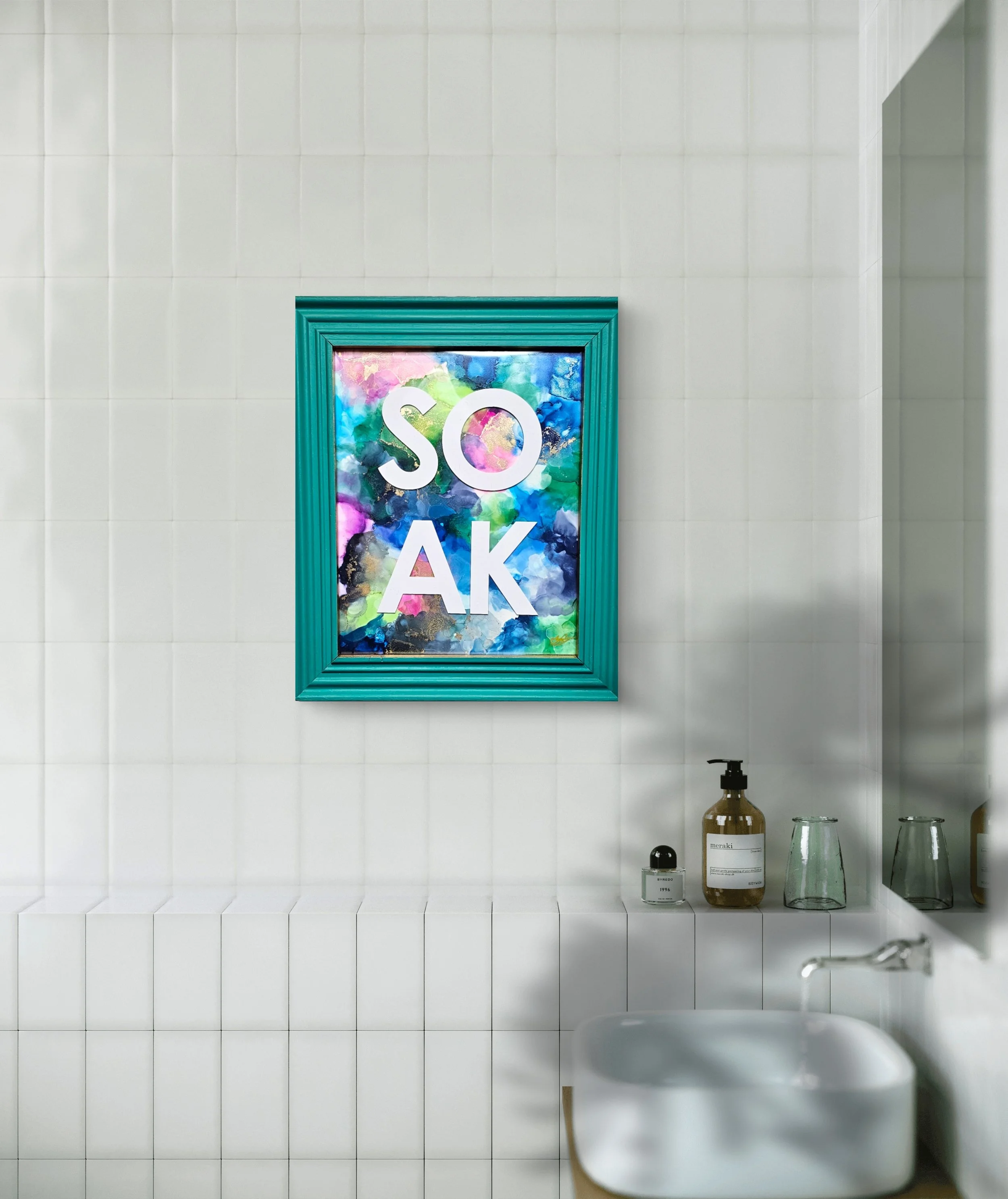 Original alcohol ink bathroom art with blue and pink colors, upcycled mermaid green frame with the word SOAK.
