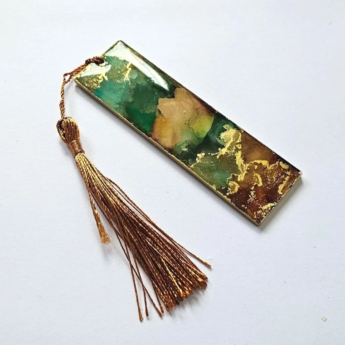 Earth Child - Brown, blue, yellow and gold alcohol ink and resin bookmark with tassel