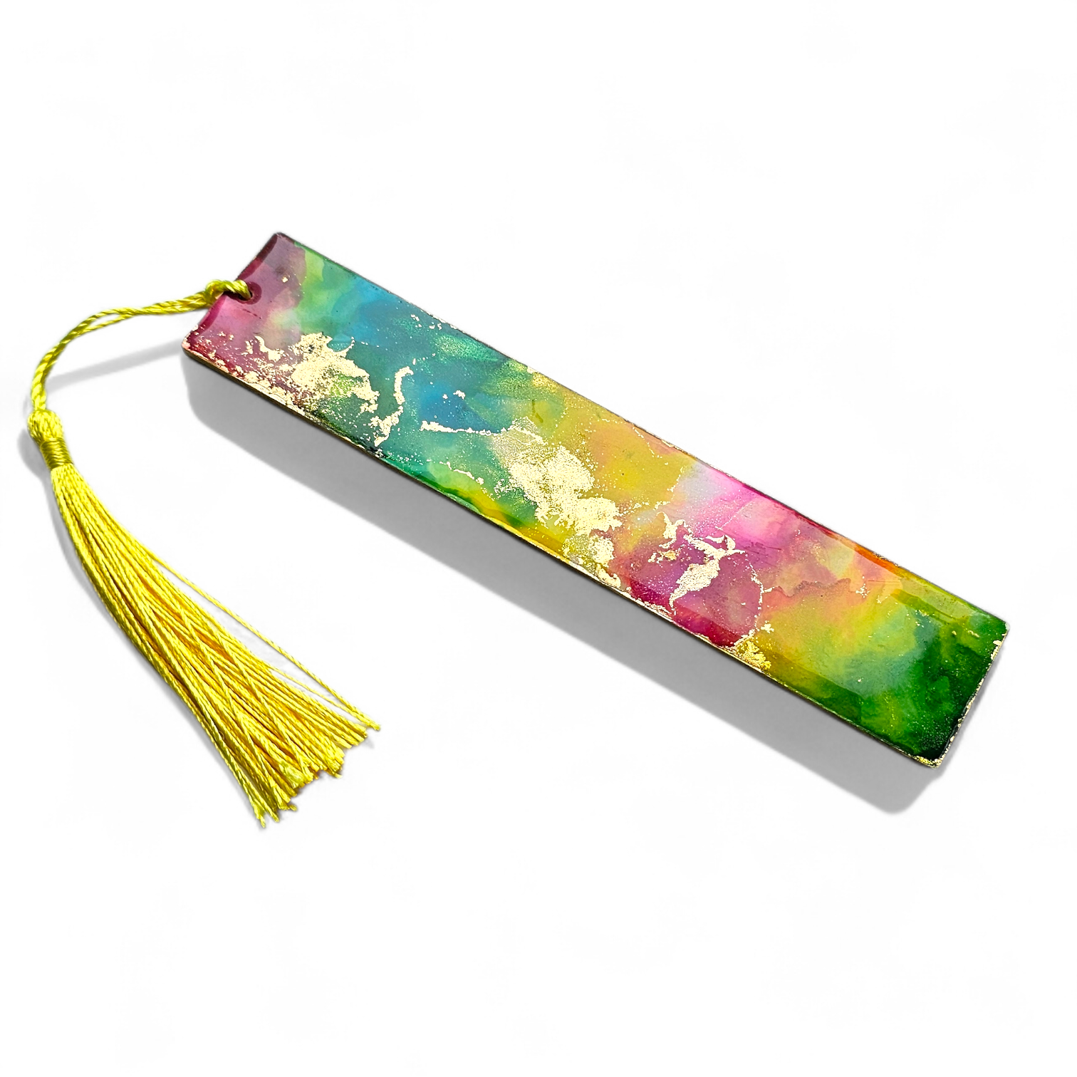 rainbow alcohol ink and resin bookmark with yellow tassle.webp