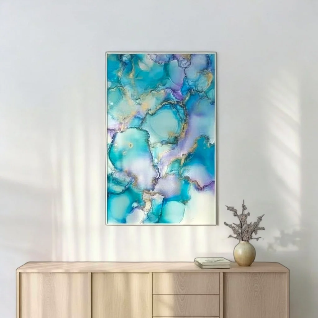 Blue, green and purple alcohol ink art framed.webp