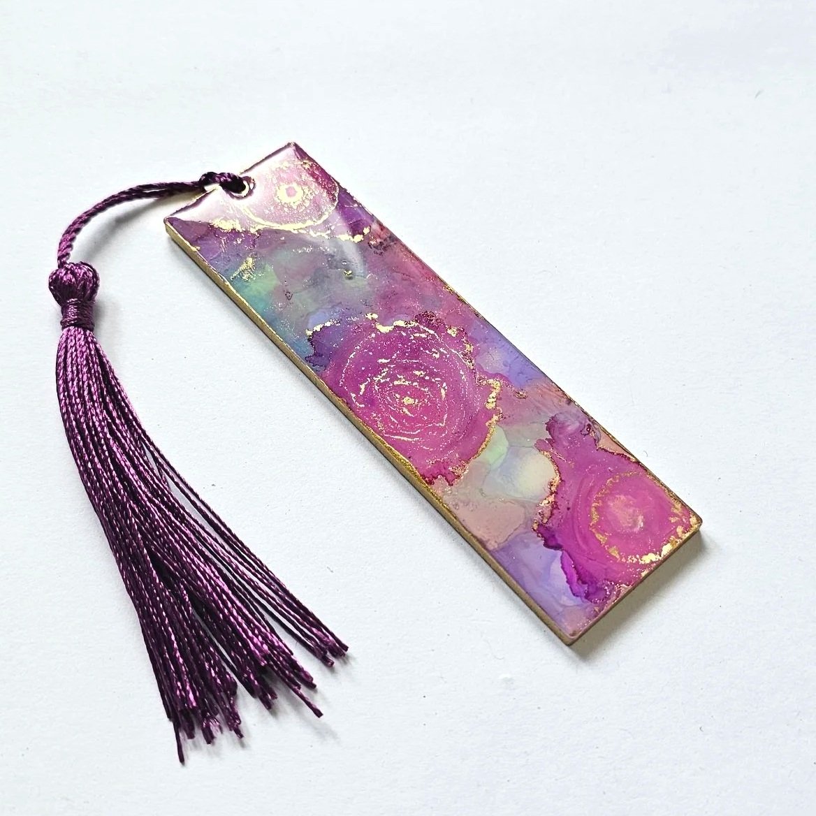 Roses - flower alcohol ink and resin bookmark with tassel