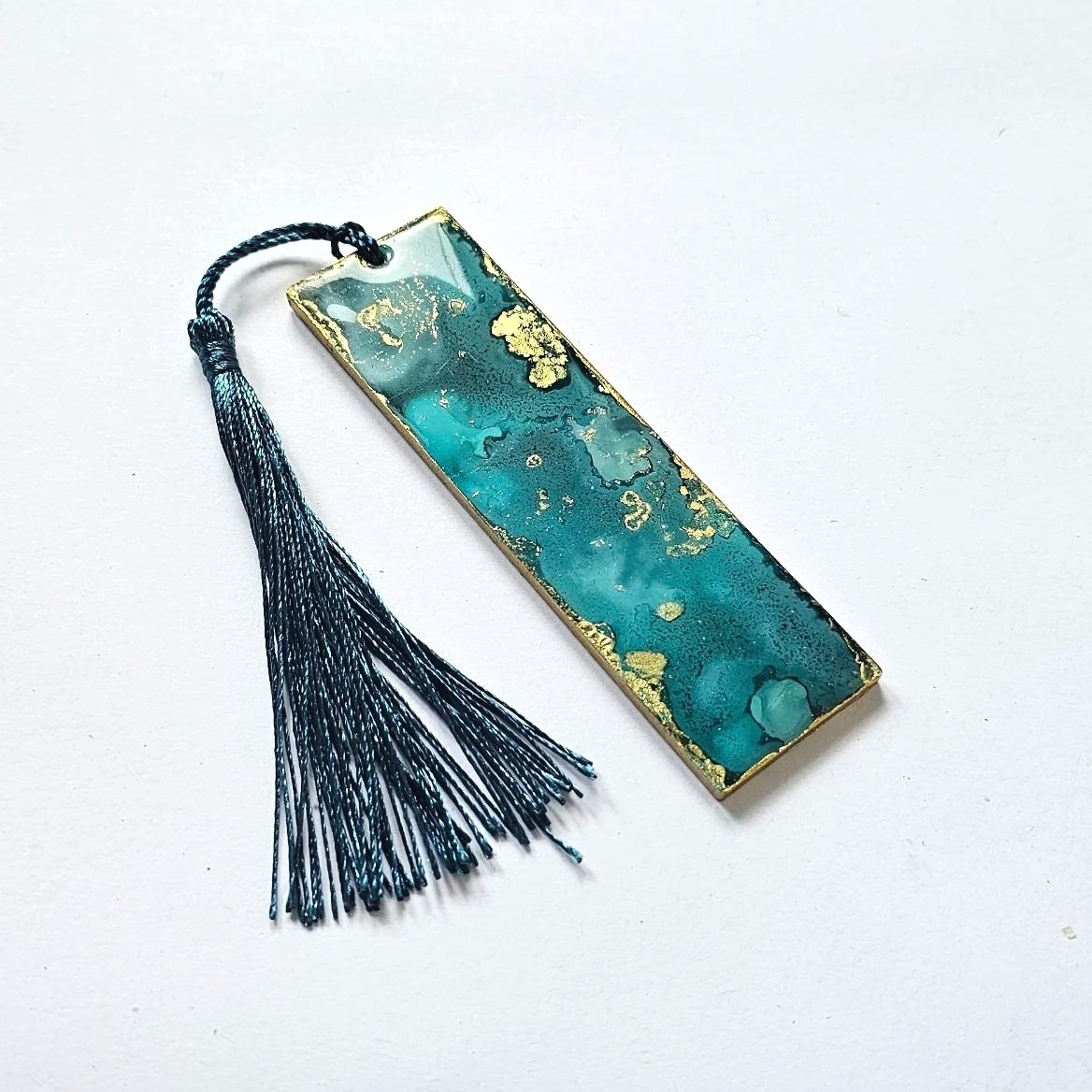 Into the deep - blues and gold alcohol ink and resin bookmark with tassel
