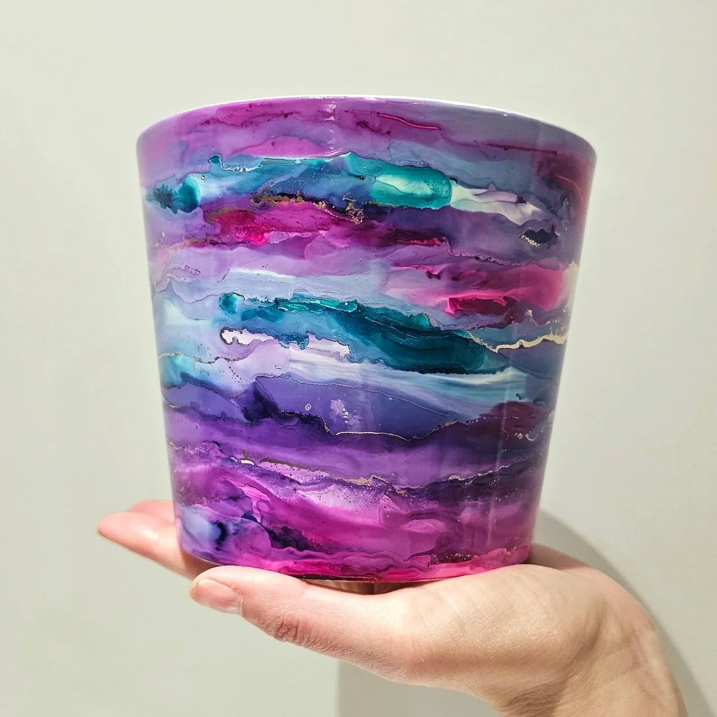 purple and pink alcohol ink art plant pot workshop