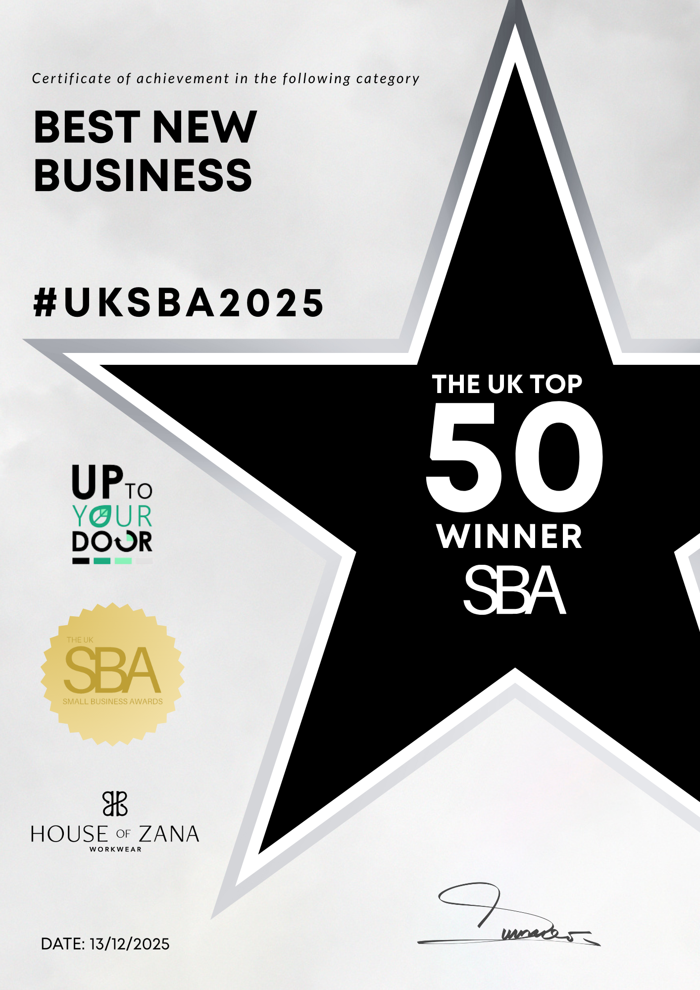 Jump Start Maths UK Top 50 Winner certificate – Best New Business at the UK Small Business Awards 2025