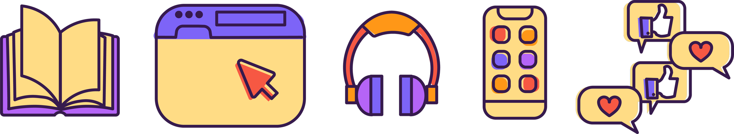 Pictures of different icons indicating the types of resources, starting with books, websites, podcasts, apps and social media.