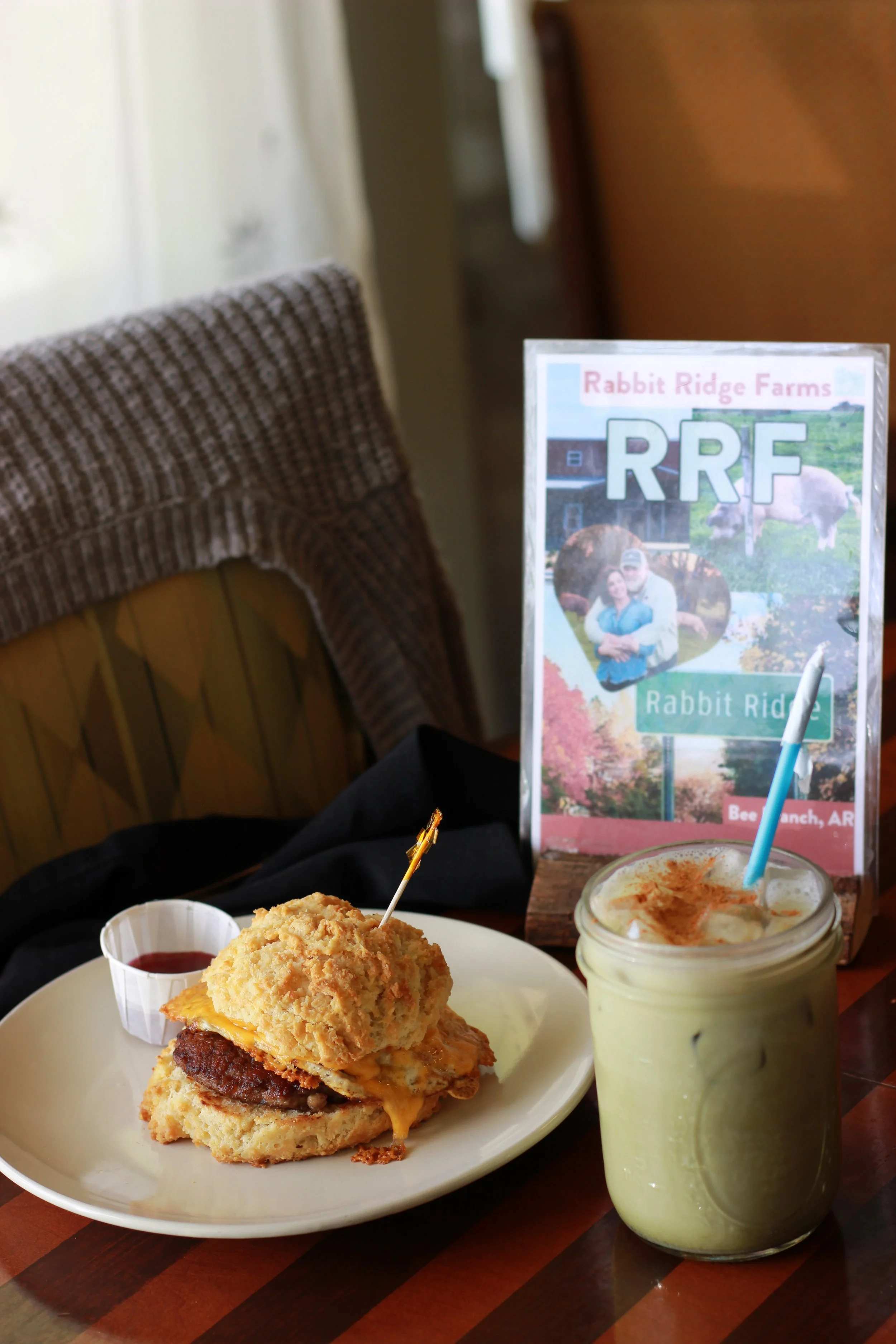 sausage, egg, cheese biscuit with iced matcha.jpg