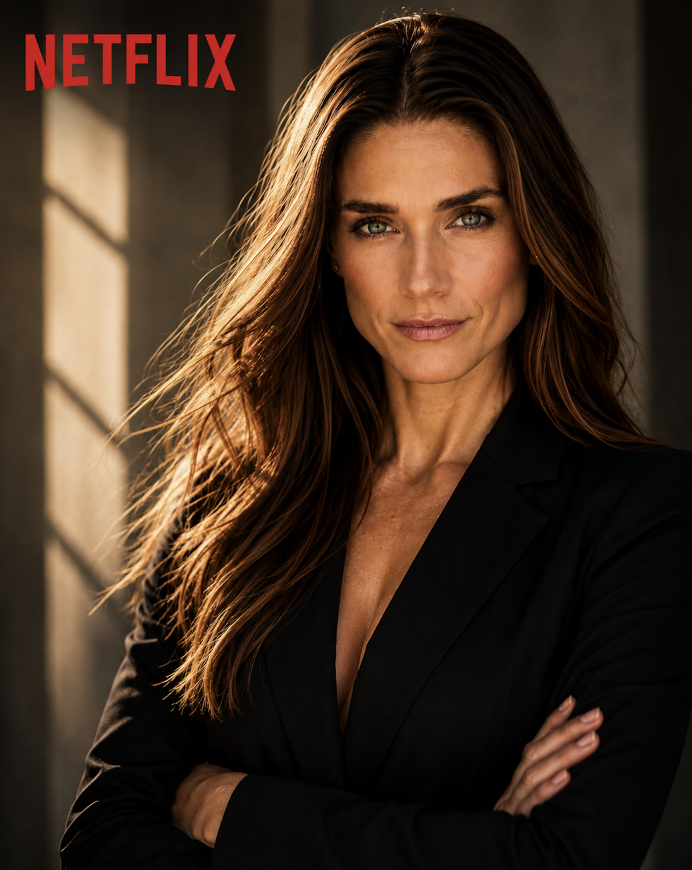 A woman with long, wavy auburn hair and piercing blue eyes wearing a black blazer, standing outdoors with sunlight illuminating her hair, and the Netflix logo in red in the top left corner.