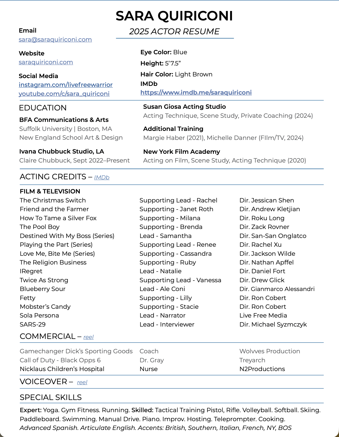 A resume for Los Angeles based actress, Sara Quiriconi, listing contact info, social media links, actor education, acting credits, commercial, voiceover skills, and special skills.