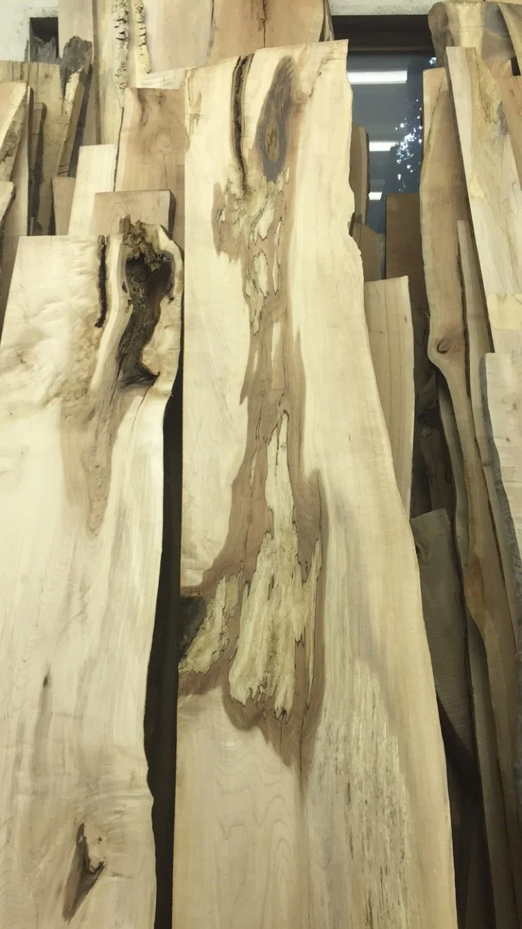 Kiln-dried spalted maple live-edge slab milled from locally harvested Upstate NY hardwood — rich character and ready for woodworking.