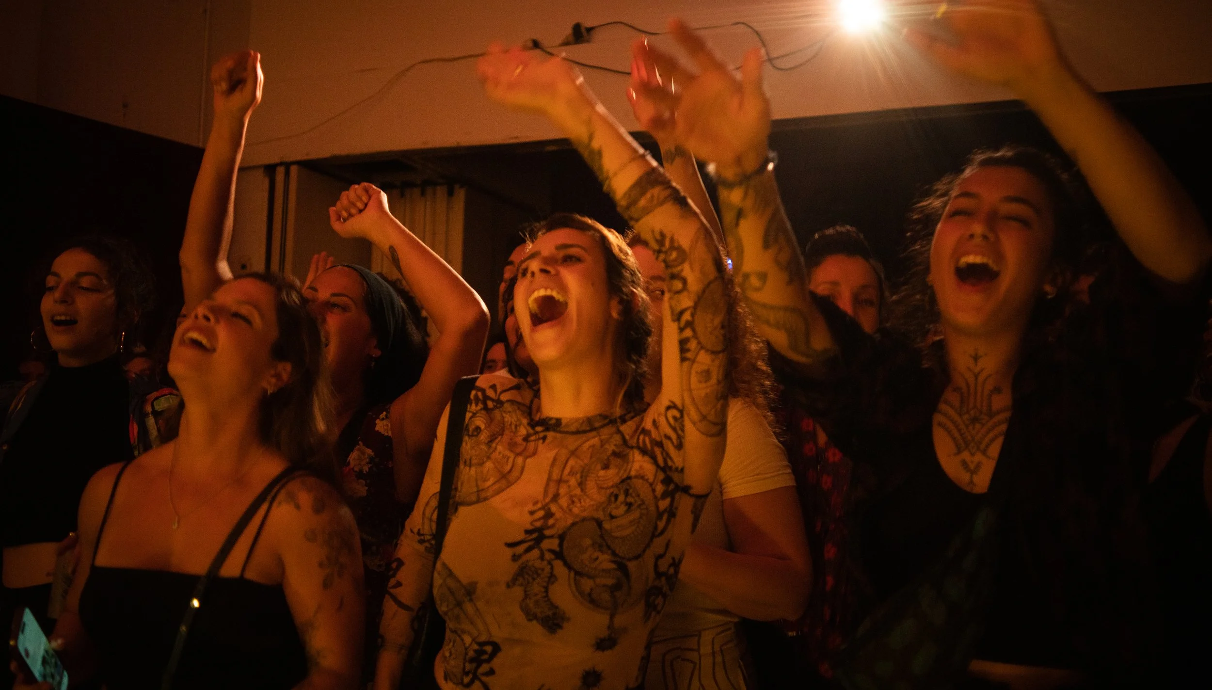 Un grupo de personas jóvenes en un concierto, levantando los brazos y gritando emocionadas, en un ambiente oscuro iluminado con luces cálidas.