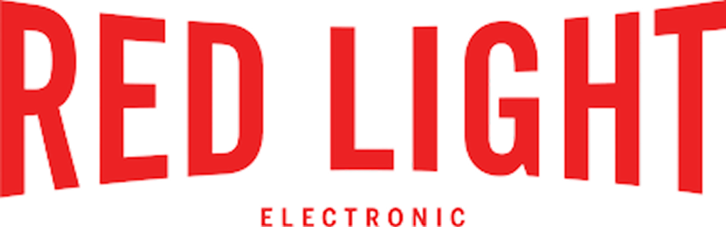 Red Light Electronic logo in red text on a transparent background.