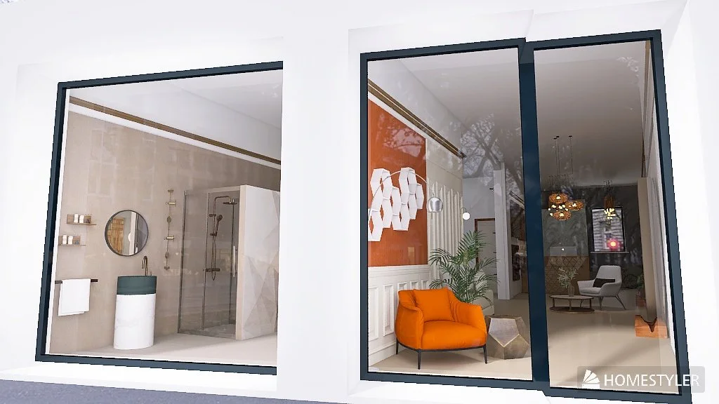 Interno di una casa moderna con bagno visibile da una finestra, e soggiorno con divano arancione e decorazioni.