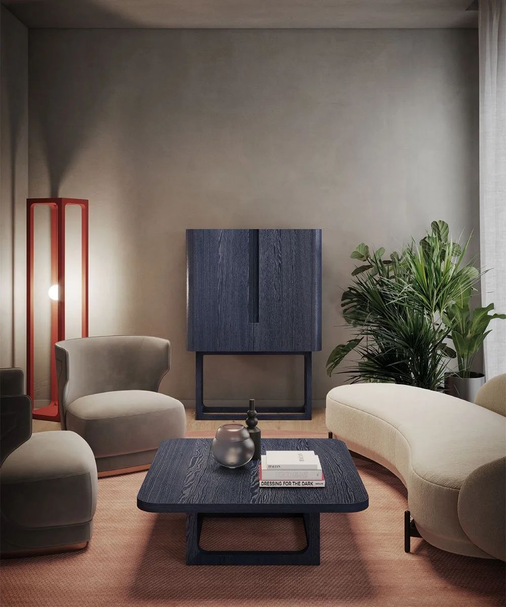 Soggiorno moderno con mobili neutri e verde intenso