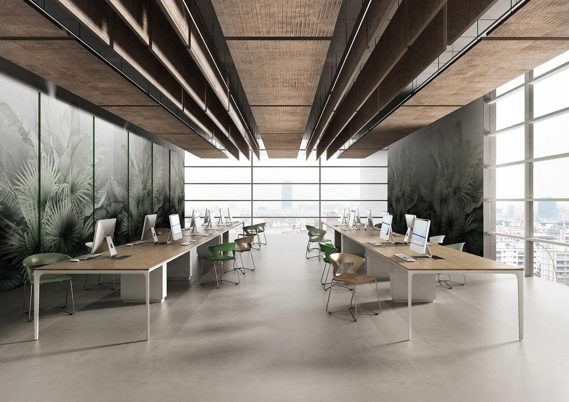 Ufficio moderno con scrivanie con computer, sedie colorate, pareti decorate con foglie e grandi finestre con vista sulla città