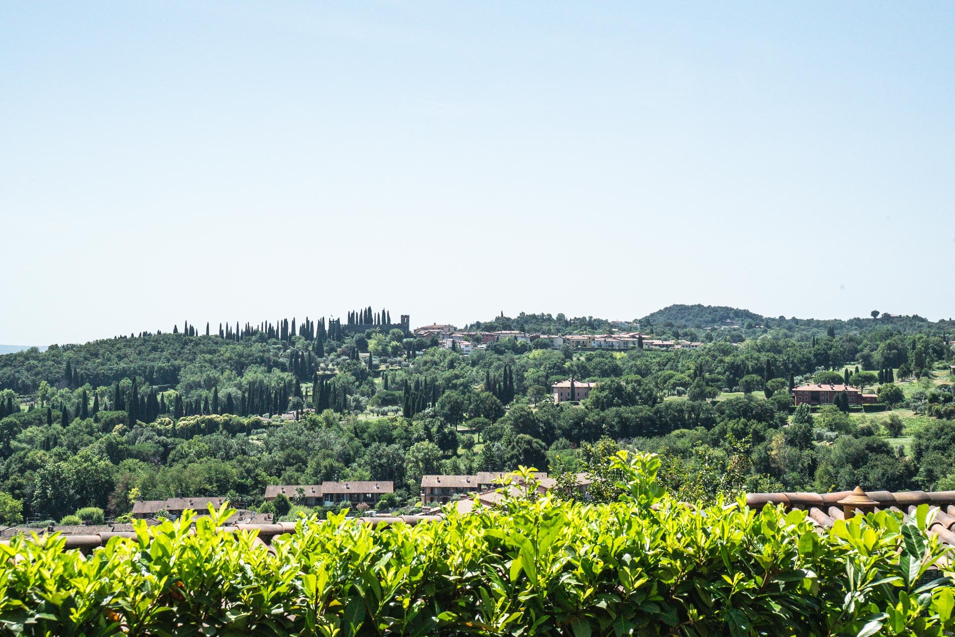 Paesaggio collinare verde con case e alberi, sotto cielo chiaro