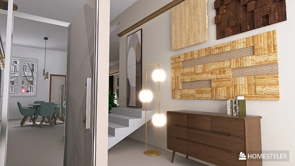 Interior di una casa con pareti decorate con pannelli di legno e un mobile in legno, lampada con tre luci bianche e un quadro astratto.