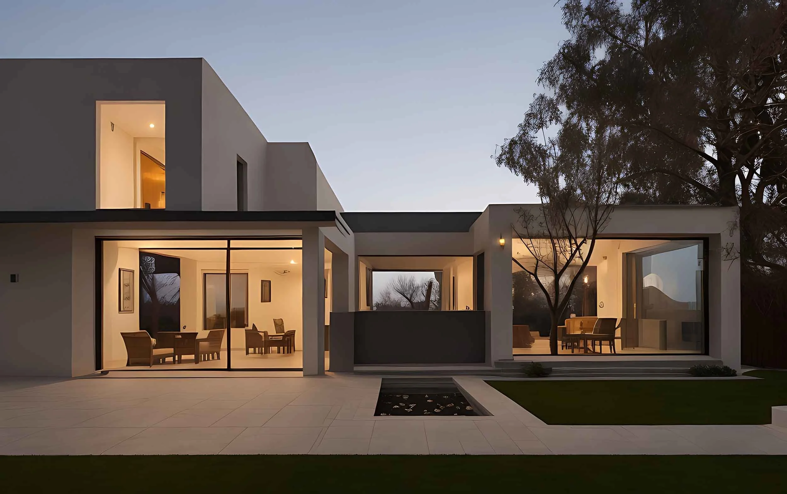 Casa moderna con grandi finestre illuminate, patio con mobili, alberi e giardino al tramonto.