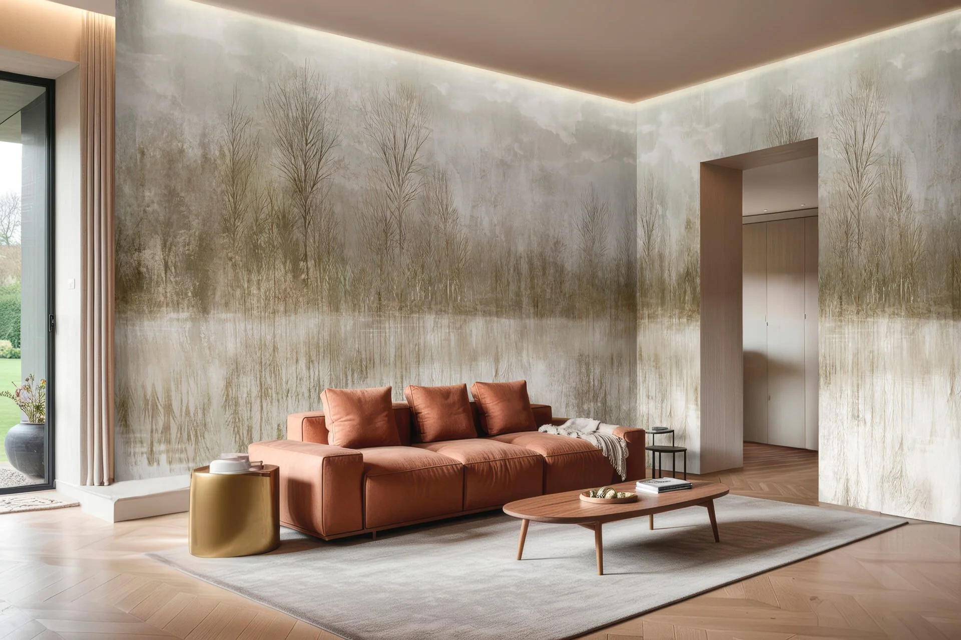 Soggiorno con pareti decorate a tema natura, divano in pelle color salmone con cuscini coordinati, tavolino in legno con decorazioni e riviste, lampada in metallo nero, grande finestra con vista su giardino, tappeto beige chiaro, pareti e pavimento in legno, ingresso visibile attraverso una apertura