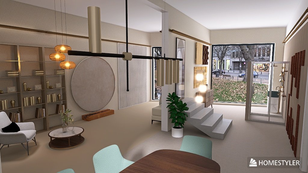 Interno di un appartamento con arredi moderni, divano bianco, libreria con decorazioni di ceramica, tavolino con vaso e pianta, scala con seduta illuminata, grande finestra con vista su strada e foglie autunnali.