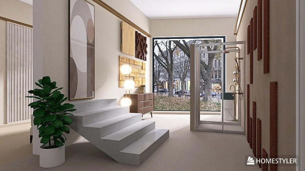 Interno di un appartamento con scala bianca, decorazioni astratte alle pareti, lampade, una pianta in vaso e una porta scorrevole che porta a uno spazio esterno con vista su alberi e strada.