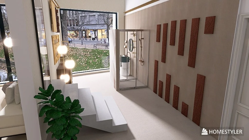 Interno di un appartamento, zona con parete decorativa in legno, panchina bianca con piante verdi, lampade a soffitto, e grande finestra aperta con vista su strada e alberi.