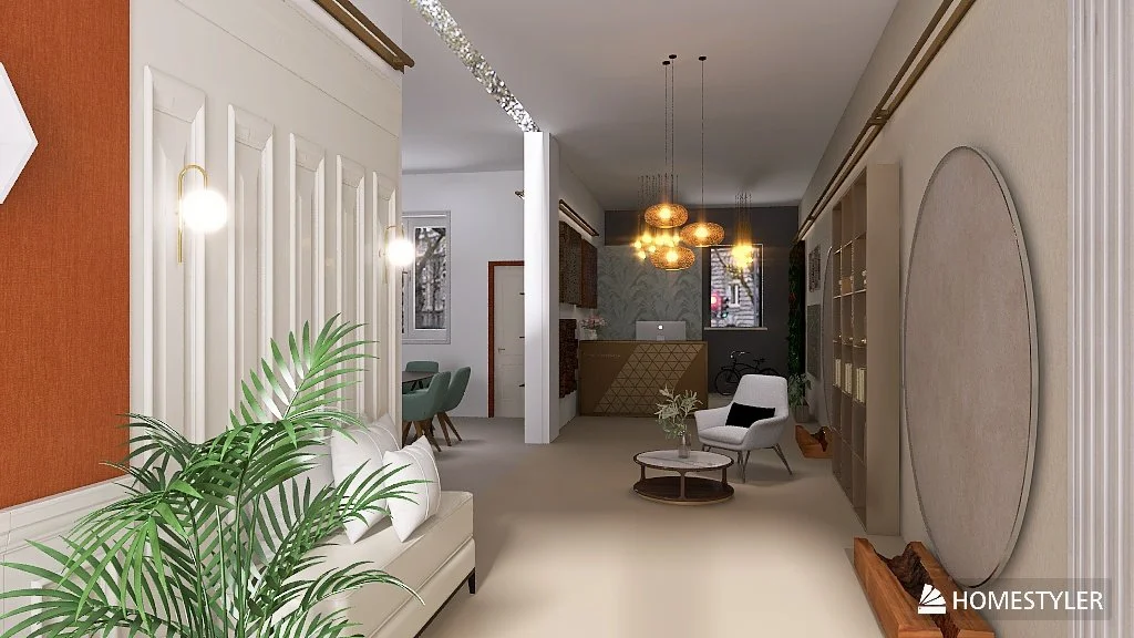 Interno di un soggiorno con arredamento moderno, divano bianco, poltrona, tavolino con fiori, lampade sospese, pareti decorate, spazi ben illuminati.