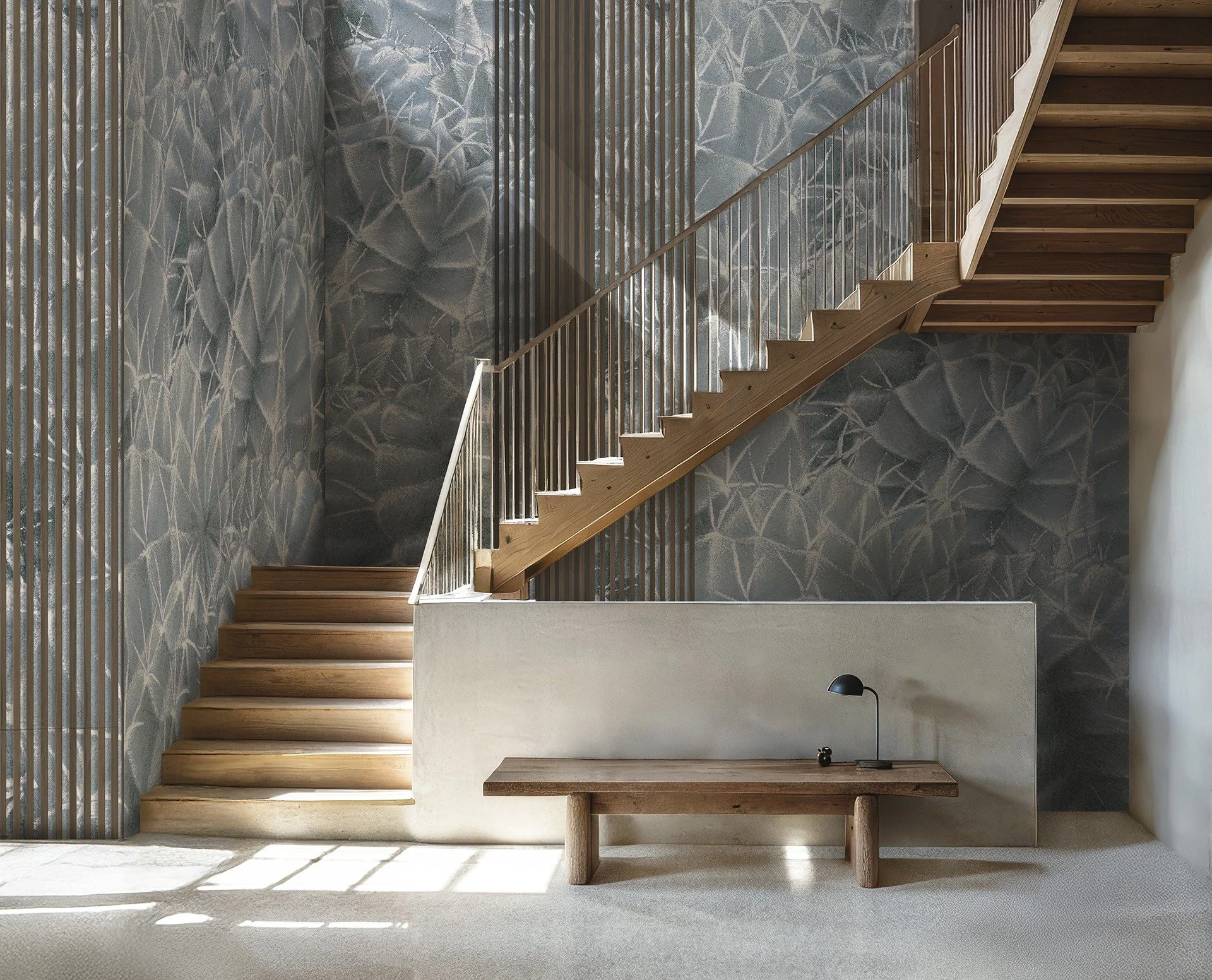 Interno con scalinate di legno, parete decorativa con motivo foglie e un banco di legno con una lampada nera.