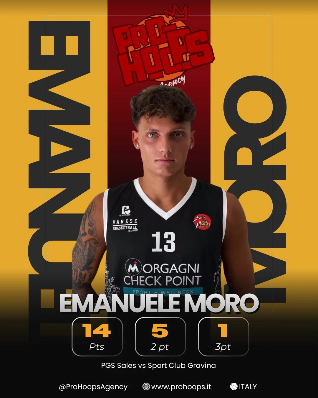 🏀 𝐄𝐦𝐚𝐧𝐮𝐞𝐥𝐞 𝐌𝐨𝐫𝐨 𝐛𝐮𝐨𝐧𝐚 𝐚𝐥𝐥𝐚 𝐩𝐫𝐢𝐦𝐚! 

In @asd_pgs_sales vs @sport_club_gravina_a.dil Emanuele fa un esordio solido e convincente. 

🔥 Forza Ema, testa alla prossima!

 #ProHoopsAgency #ProHoops #Fip
