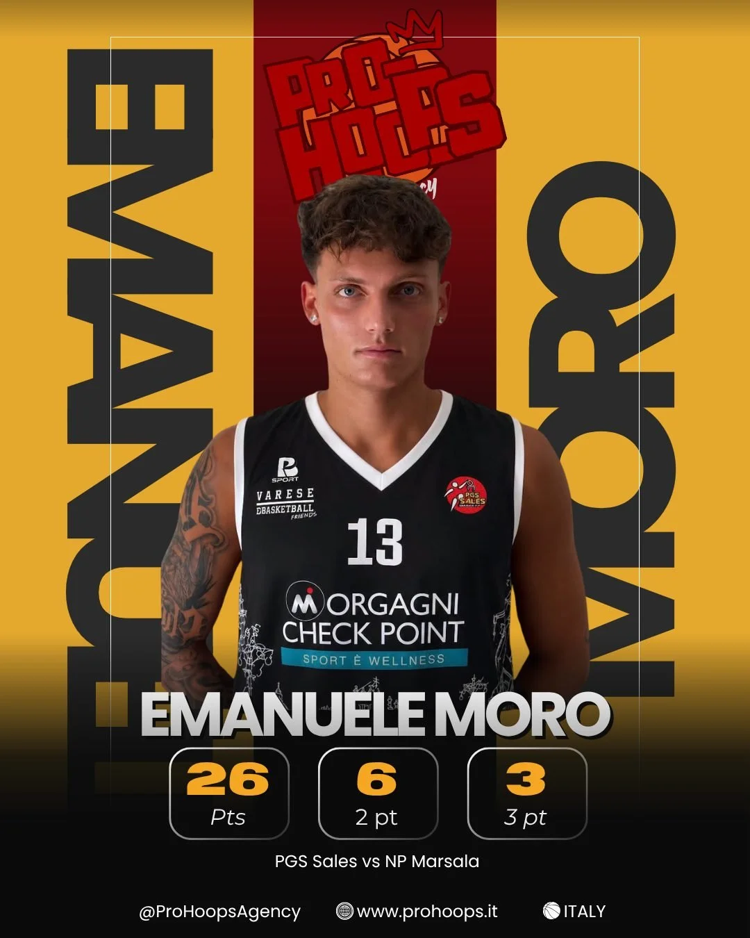 Tra i protagonisti del match @asd_pgs_sales vs @palamedipower_npmarsala c'&egrave; Emanuele Moro, autore di una prestazione da urlo! 🏀🔥

Bene cos&igrave; Ema, continua a spingere! 💪

 #ProHoopsAgency #ProHoops #Fip
