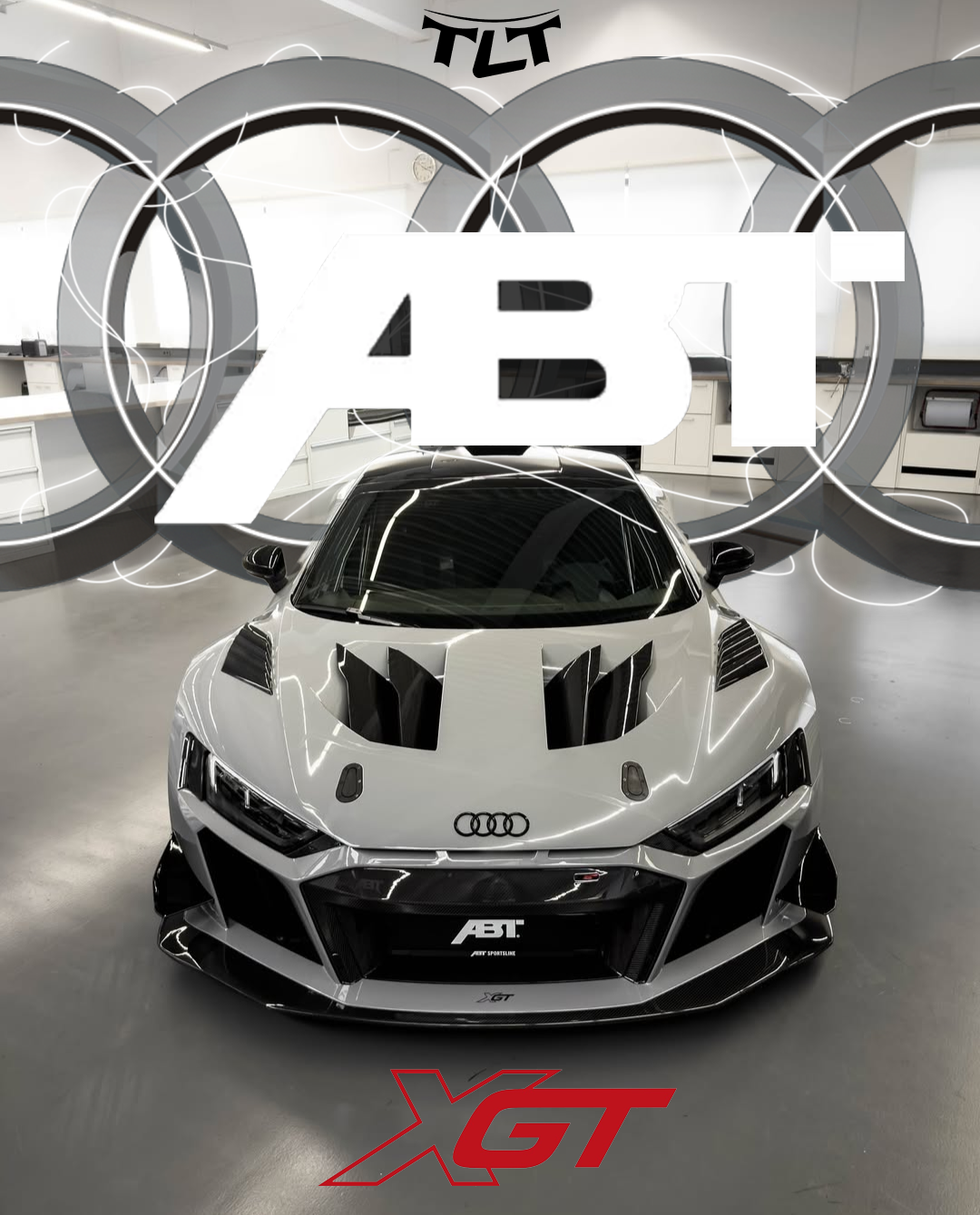 Audi R8 ABT XGT photographiée dans un garage moderne. Voiture de sport modifiée par ABT Sportsline avec un design agressif et aérodynamique. Photo et graphic design réalisés par Thomas Lotito pour TLT Studio.