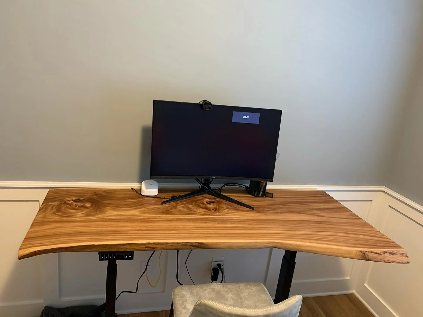 Single slab live edge Siberia elm desktop for adjustable sit stand desk base. Sister slab to the large epoxy river table we have a reel posted about!