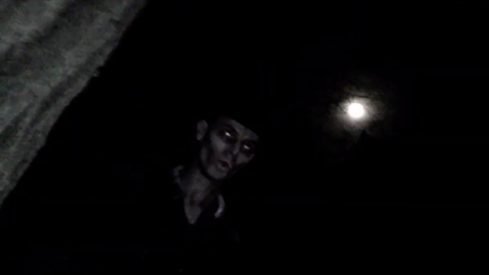 A person with face paint, glasses, and a hat is outside at night, with the moon visible in the dark sky.