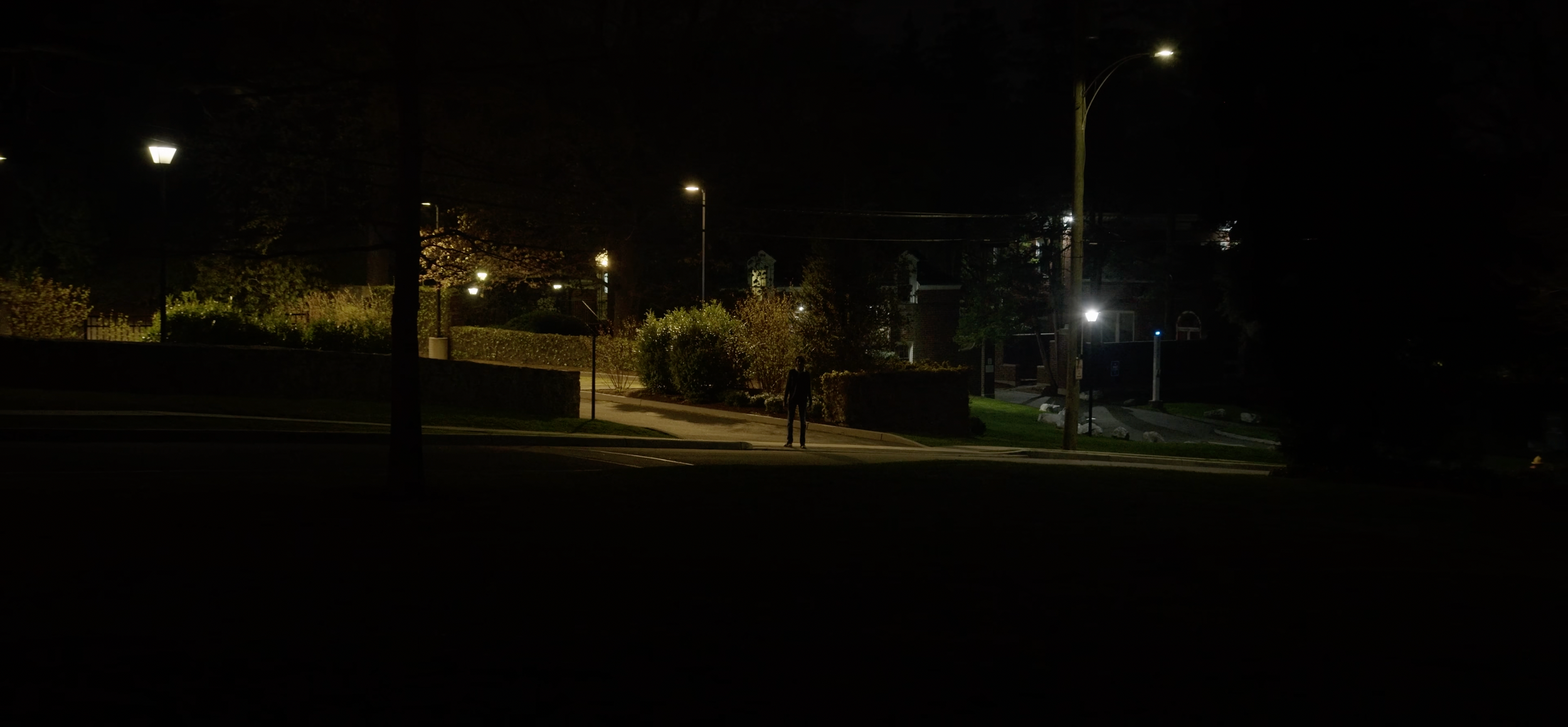 A person stands alone on a dimly lit street at night, surrounded by streetlights, trees, and houses.
