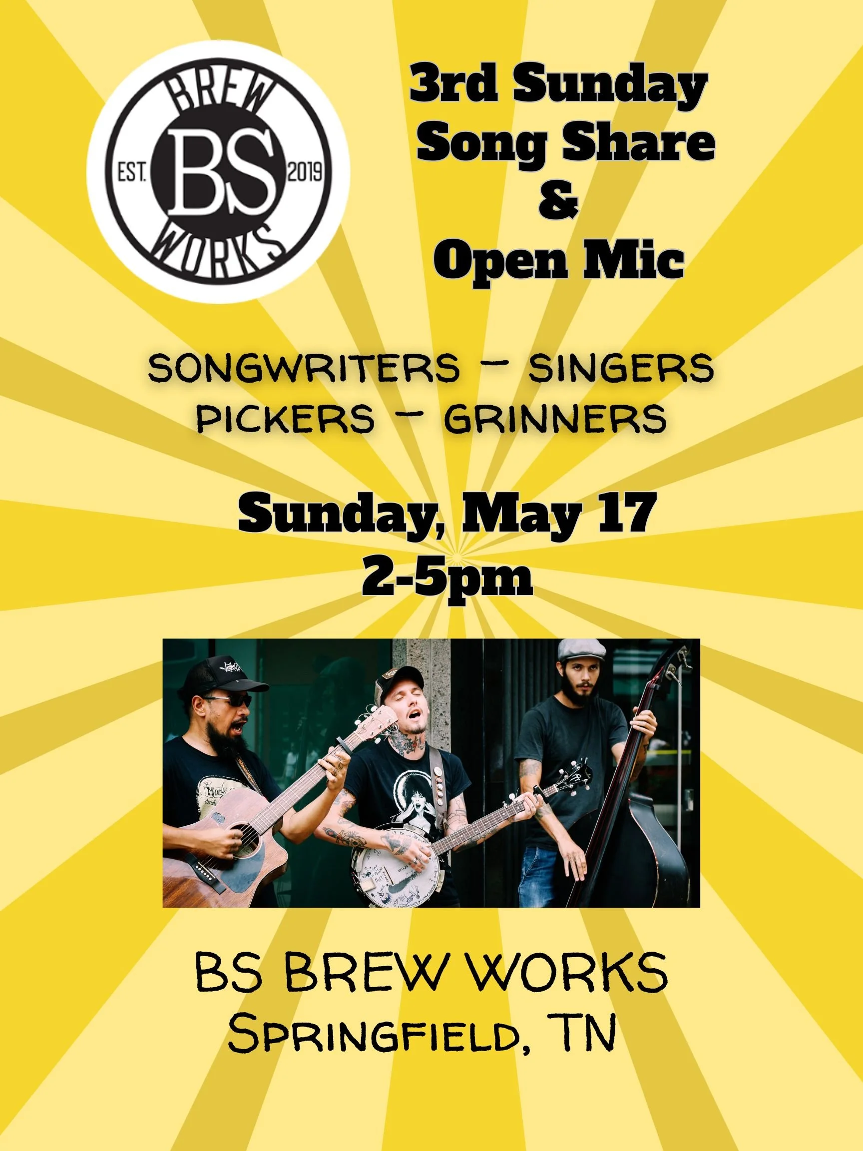 A promotional poster for an open mic music event at BS Brew Works in Springfield, TN, featuring a yellow background with sunburst patterns, the BS Brew Works logo, and a photograph of three street musicians..
