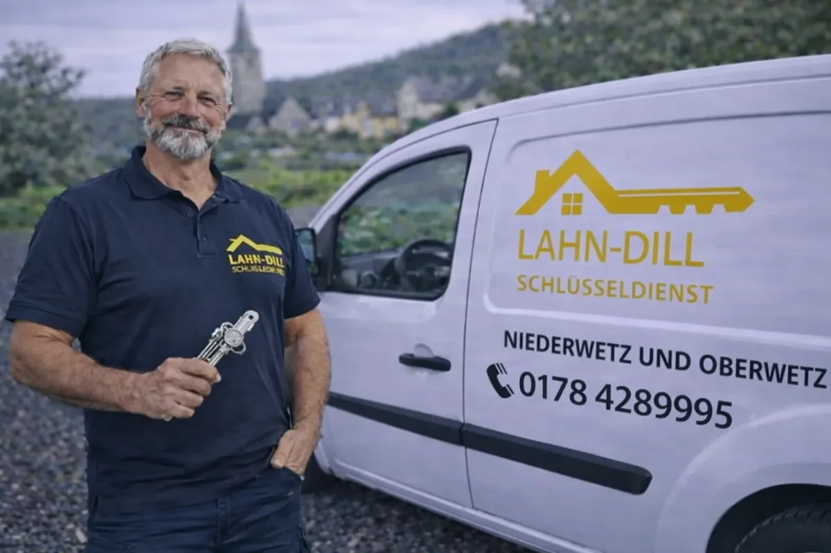 Schlüsseldienst-Monteur in Niederwetz und Oberwetz mit Schlüssel vor Servicefahrzeug