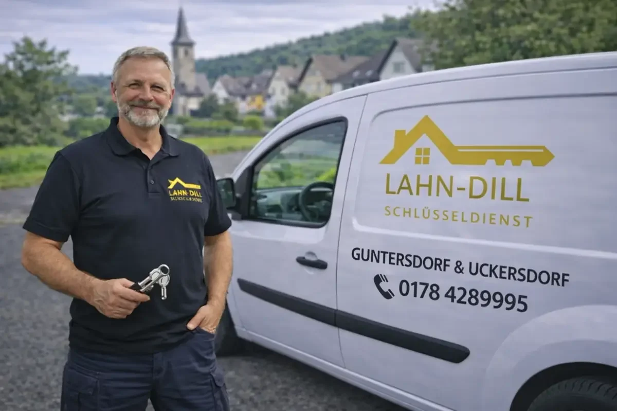 Schlüsseldienst in Guntersdorf und Uckersdorf – Monteur mit Schlüssel vor Servicefahrzeug