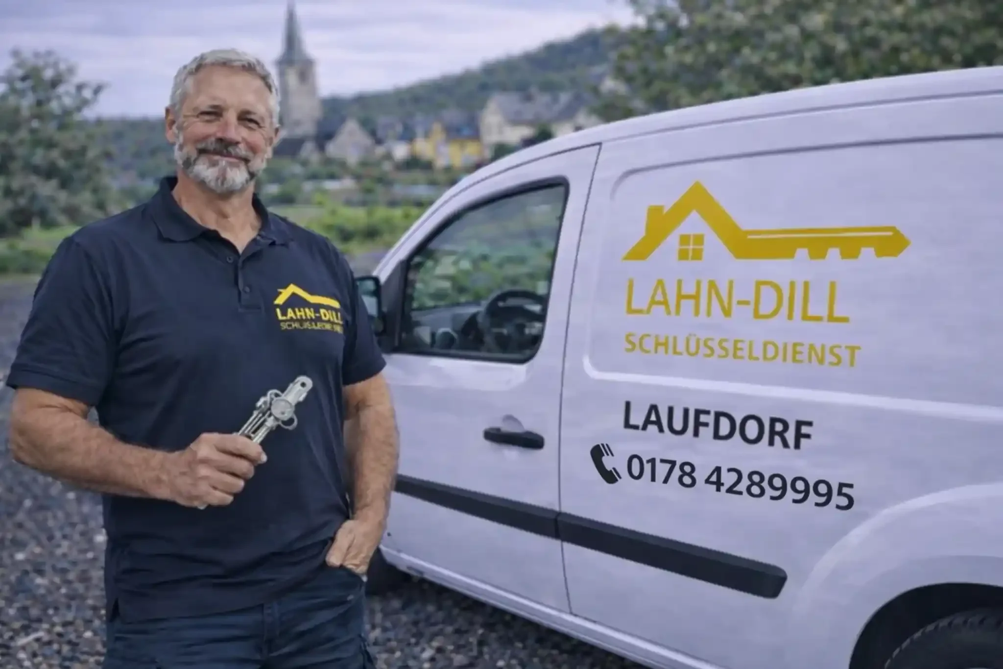 Schlüsseldienst-Monteur in Laufdorf mit Schlüssel vor Einsatzfahrzeug