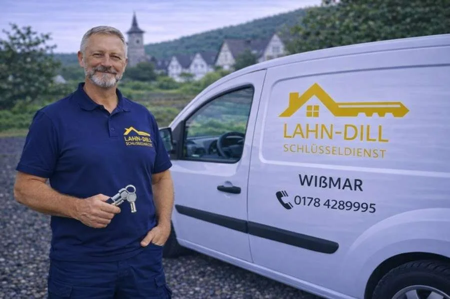 Schlüsseldienst Wißmar Monteur mit Schlüsselbund neben Servicefahrzeug vor Ort