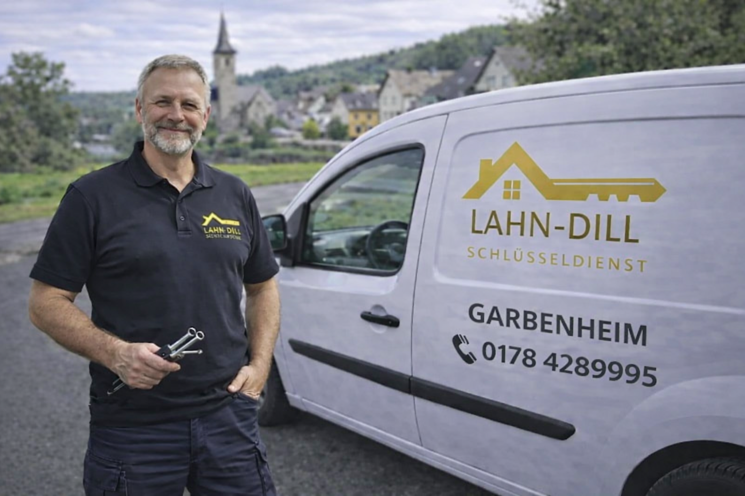 Schlüsseldienst Monteur in Garbenheim mit Einsatzfahrzeug und Werkzeug