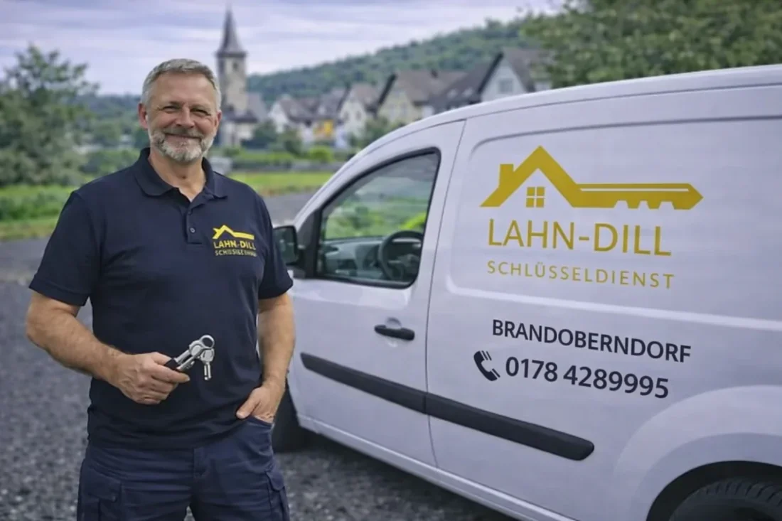 Schlüsseldienst-Monteur in Brandoberndorf mit Schlüssel vor Servicefahrzeug